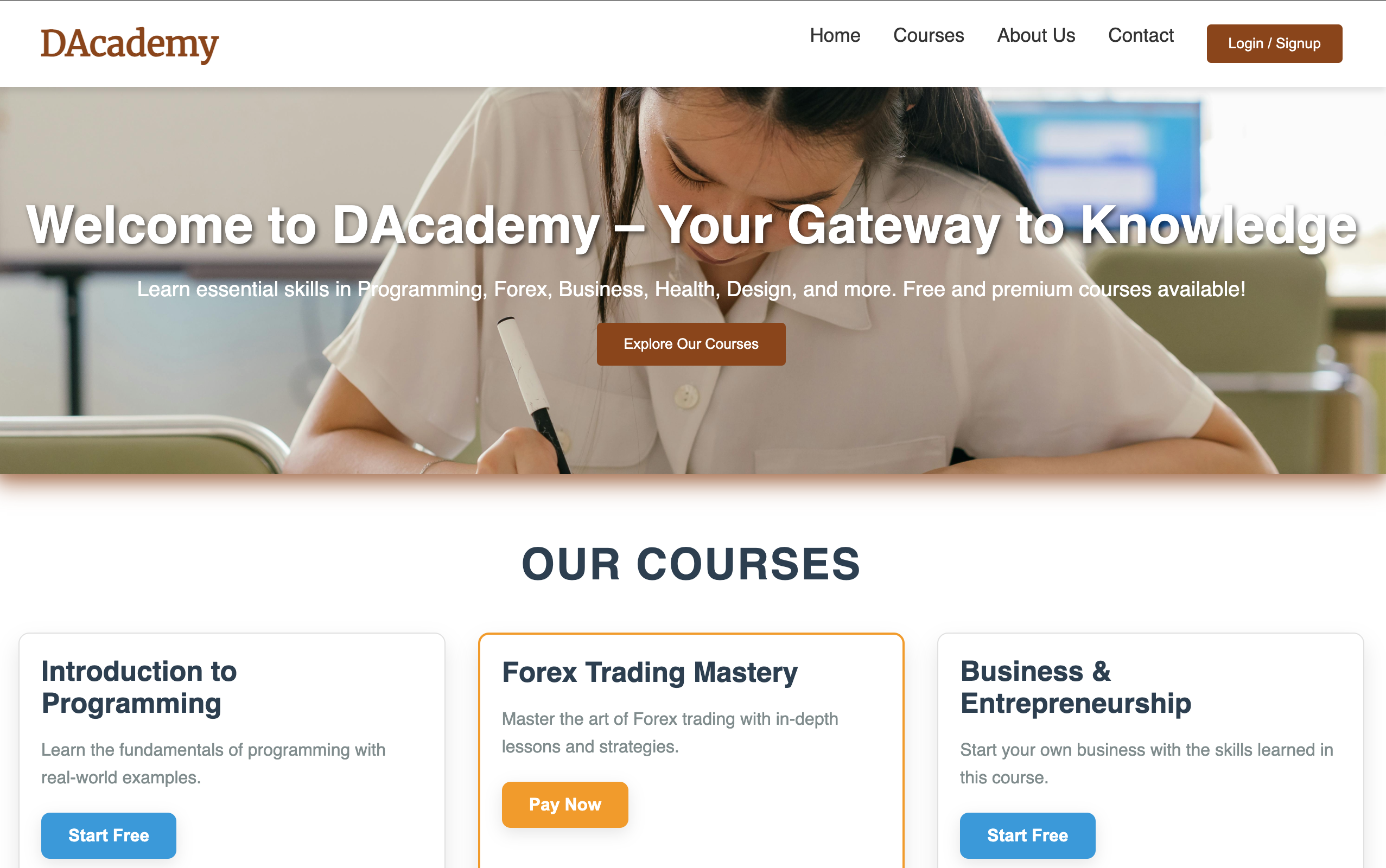Dacademy designed by Danny West – online learning platform offering courses across various fields with user-friendly navigation and interactive lessons